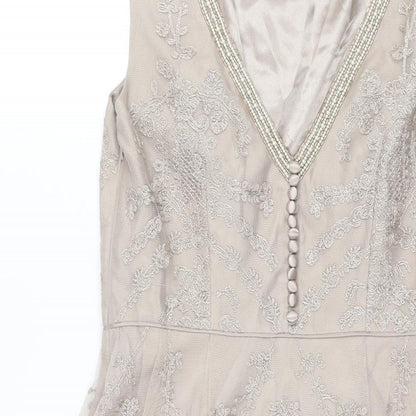 Monsoon Womens Beige Polyester A-Line Size 10 V-Neck Zip - Button Detail Pearl Neckline