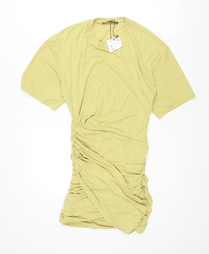 Zara Womens Green Polyester Mini Size XS Round Neck Pullover - Rouched