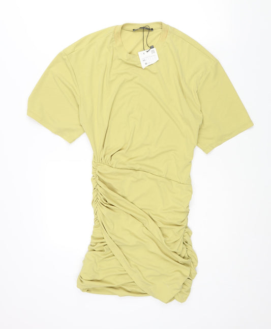 Zara Womens Green Polyester Mini Size XS Round Neck Pullover - Rouched