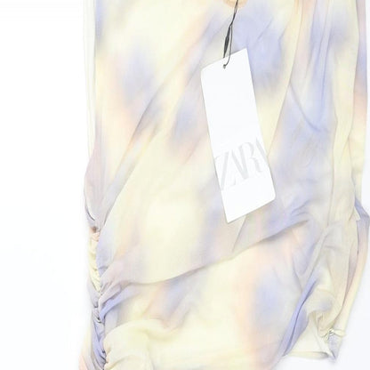 Zara Womens Multicoloured Geometric Polyester Mini Size S Round Neck Zip - Rouched Cut Out