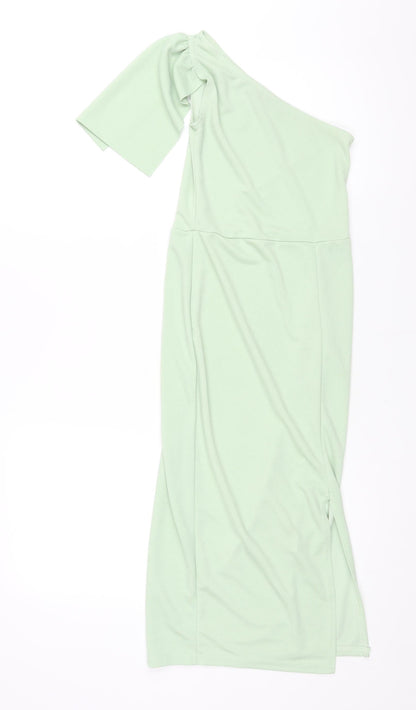 PRETTYLITTLETHING Womens Green Polyester Pencil Dress Size 4 One Shoulder Pullover - Front Slit