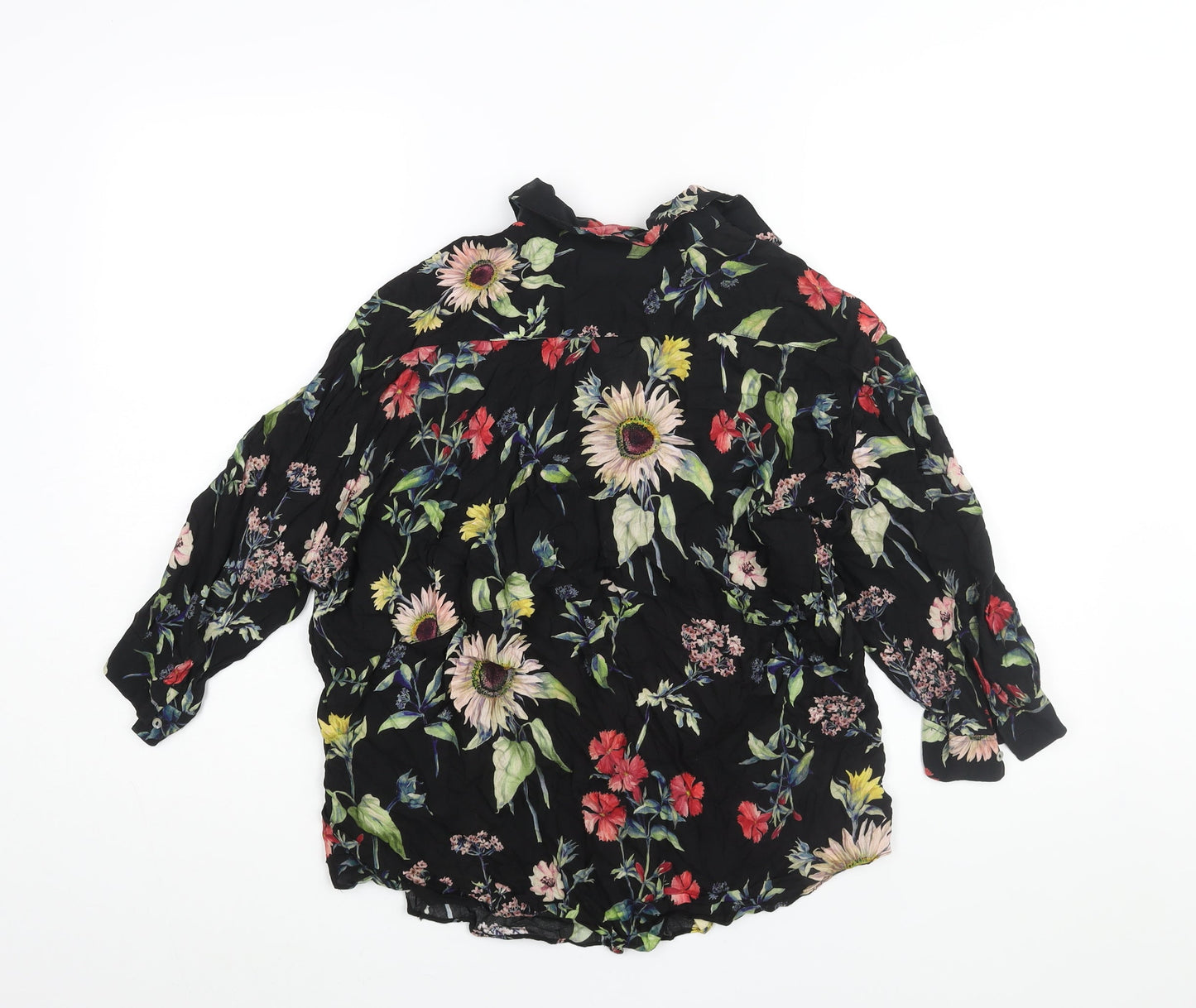 Zara Womens Black Floral Viscose Basic Button-Up Size S Collared