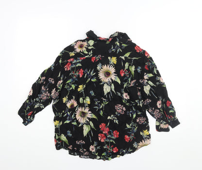 Zara Womens Black Floral Viscose Basic Button-Up Size S Collared