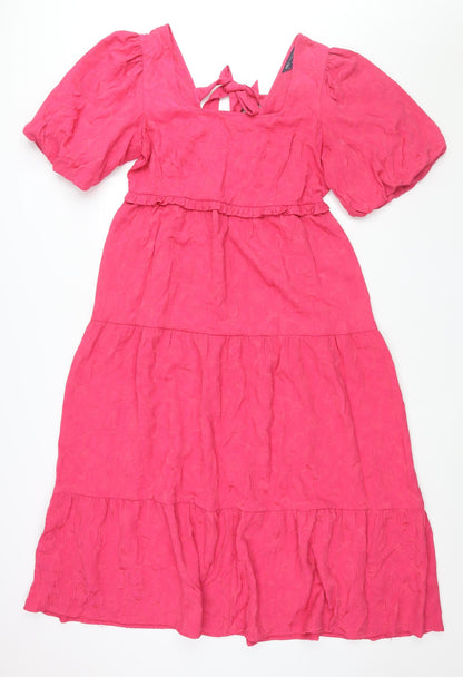 Marks and Spencer Womens Pink Polyester Maxi Size 14 Scoop Neck Tie - Puff Sleeve Smocked