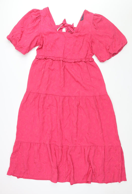 Marks and Spencer Womens Pink Polyester Maxi Size 14 Scoop Neck Tie - Puff Sleeve Smocked