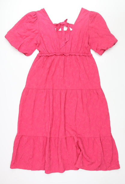 Marks and Spencer Womens Pink Polyester Maxi Size 14 Scoop Neck Tie - Puff Sleeve Smocked
