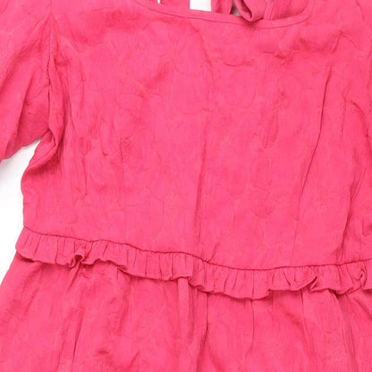 Marks and Spencer Womens Pink Polyester Maxi Size 14 Scoop Neck Tie - Puff Sleeve Smocked