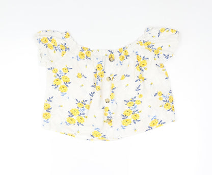 Divided by H&M Womens White Floral Viscose Basic Blouse Size 10 Boat Neck - Button Detail