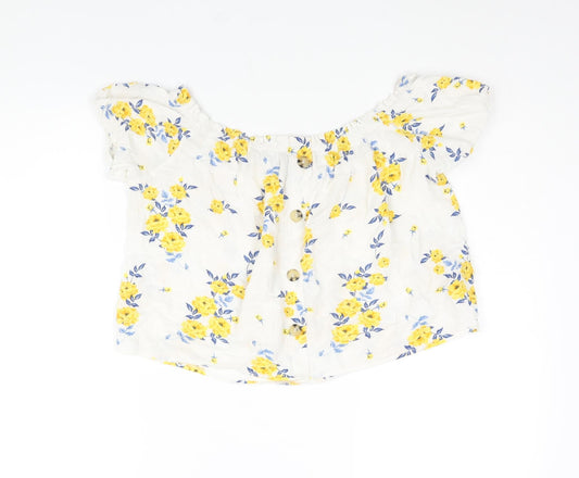 Divided by H&M Womens White Floral Viscose Basic Blouse Size 10 Boat Neck - Button Detail