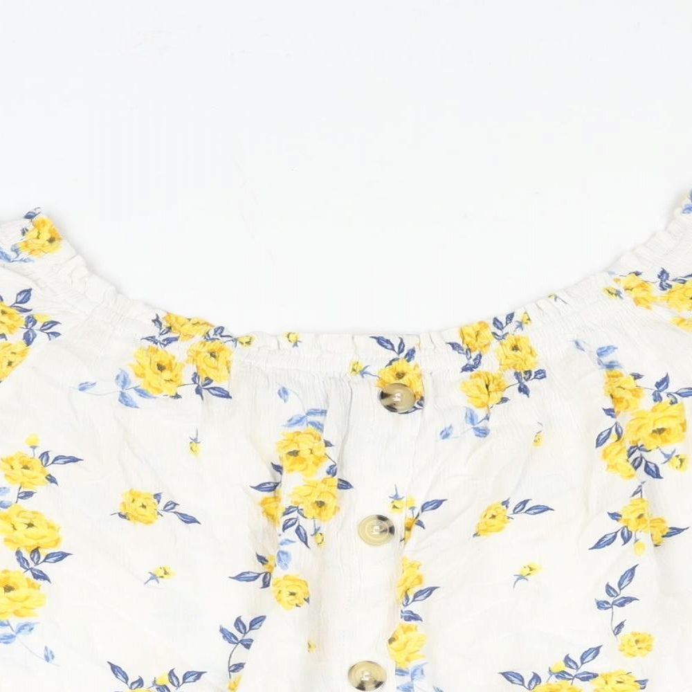 Divided by H&M Womens White Floral Viscose Basic Blouse Size 10 Boat Neck - Button Detail