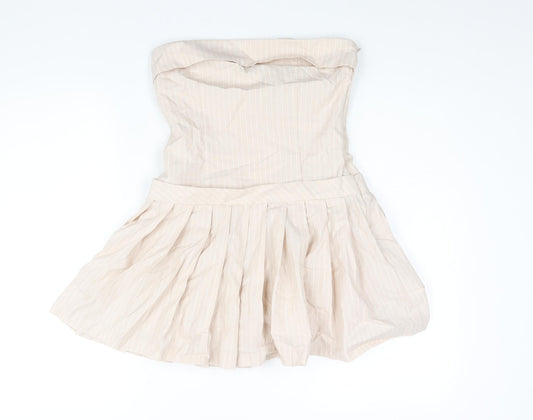 Zara Womens Pink Striped Cotton Mini Size S Square Neck Zip - Pleated