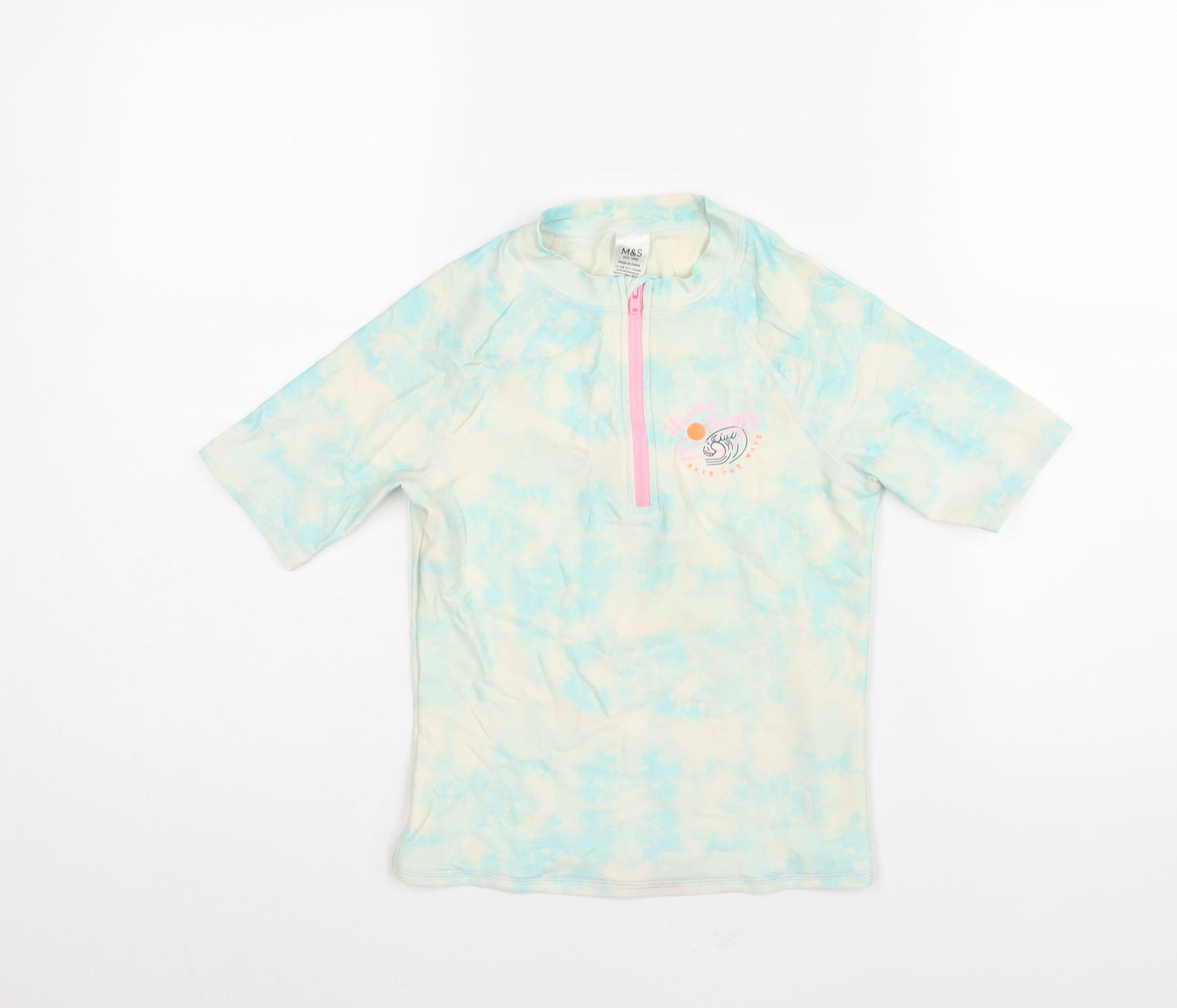 Marks and Spencer Girls Multicoloured Geometric Polyester Pullover Casual Size 10-11 Years Mock Neck Zip - Tie Dye Hawaii Surf Swim Top