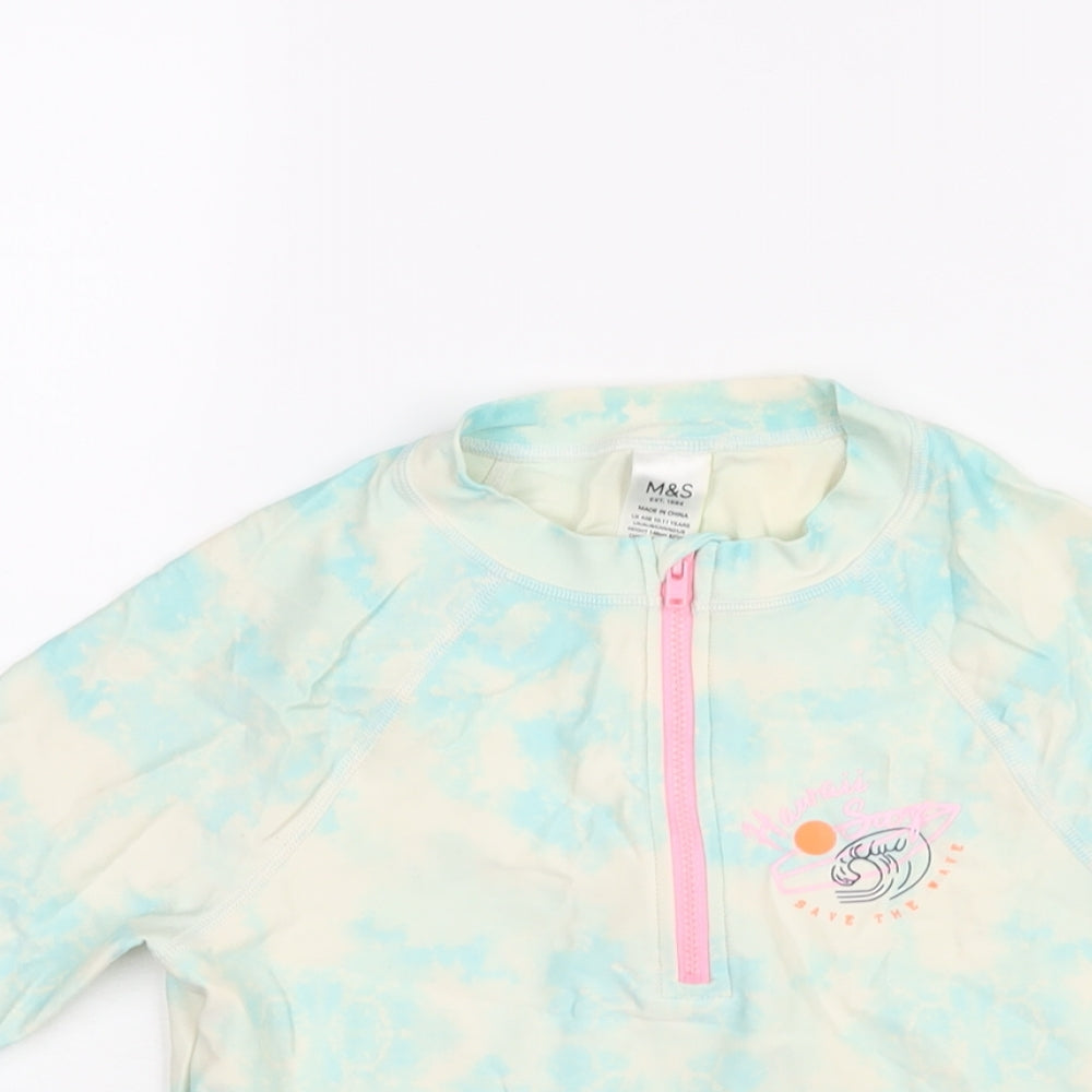 Marks and Spencer Girls Multicoloured Geometric Polyester Pullover Casual Size 10-11 Years Mock Neck Zip - Tie Dye Hawaii Surf Swim Top
