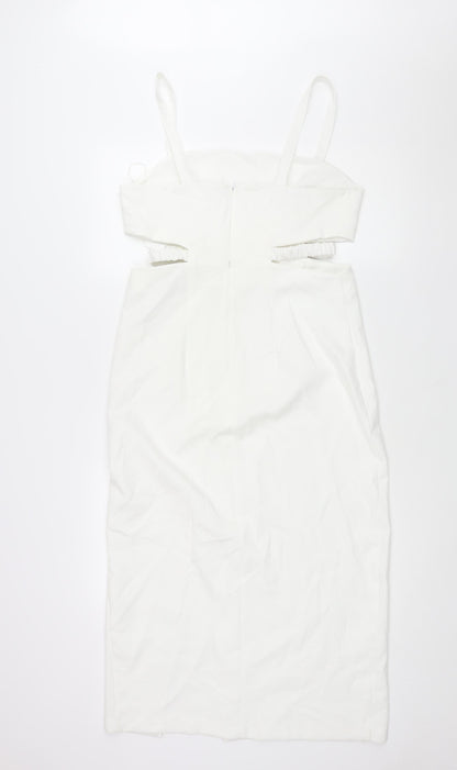 Zara Womens White Polyester Shift Size L Square Neck Zip - Cut Out Detail Front Slit
