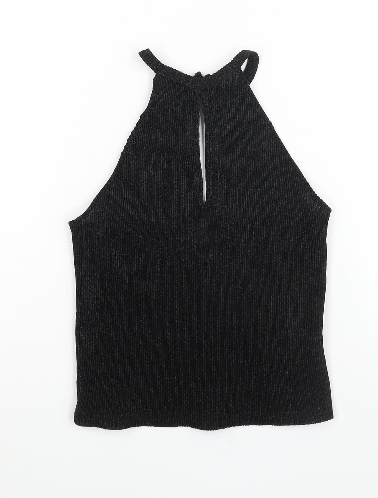 Glamorous Womens Black Polyester Basic Blouse Size M Halter - Glitter Plisse Keyhole Neck