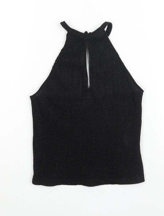 Glamorous Womens Black Polyester Basic Blouse Size M Halter - Glitter Plisse Keyhole Neck