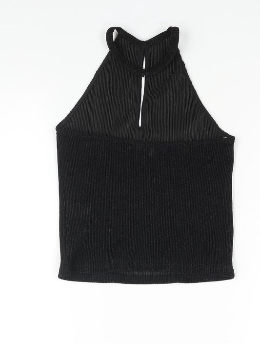 Glamorous Womens Black Polyester Basic Blouse Size M Halter - Glitter Plisse Keyhole Neck