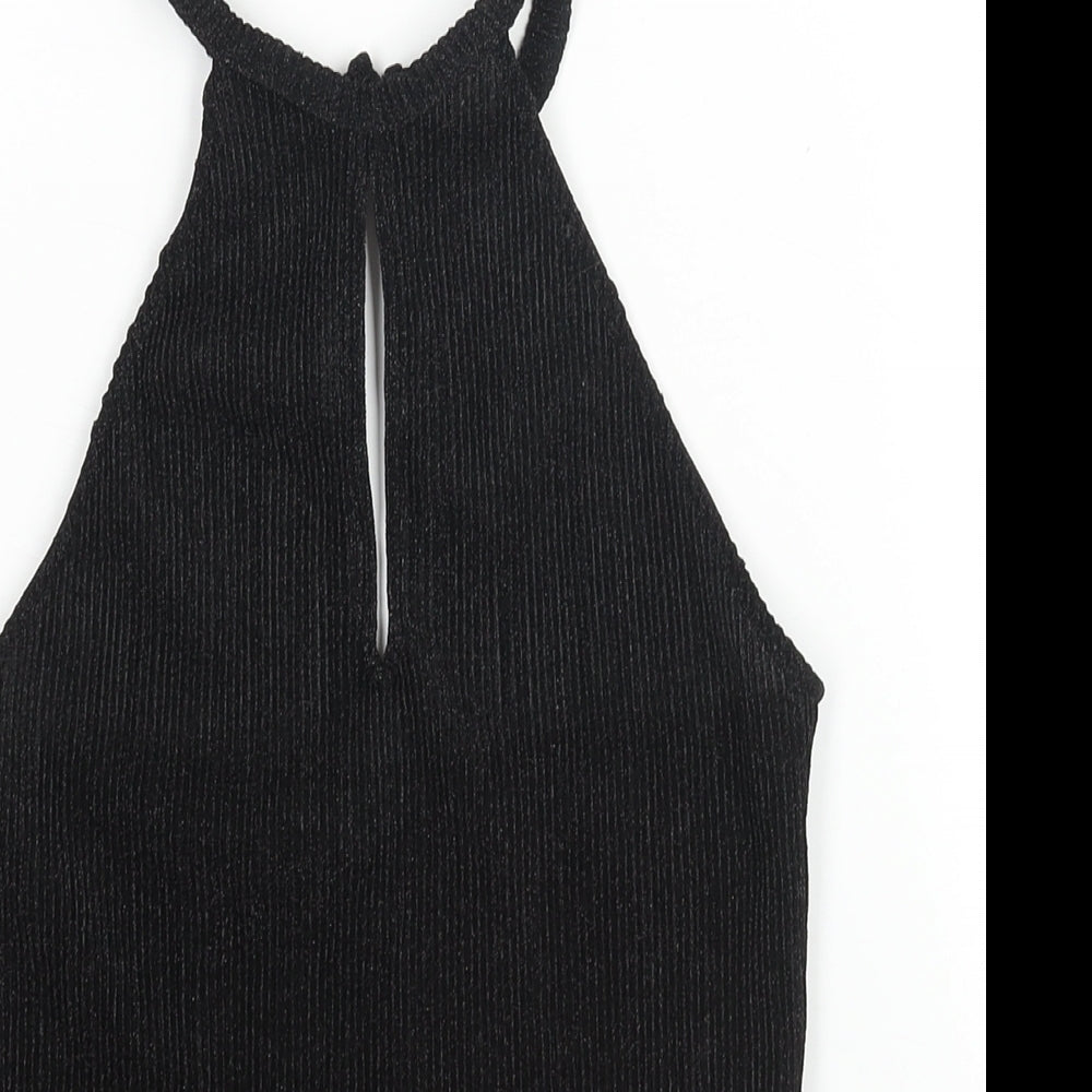 Glamorous Womens Black Polyester Basic Blouse Size M Halter - Glitter Plisse Keyhole Neck