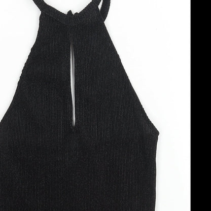Glamorous Womens Black Polyester Basic Blouse Size M Halter - Glitter Plisse Keyhole Neck