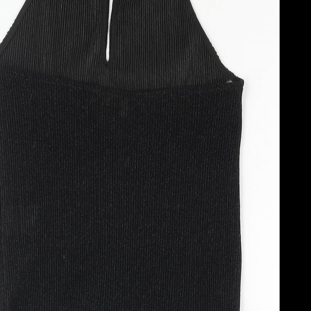 Glamorous Womens Black Polyester Basic Blouse Size M Halter - Glitter Plisse Keyhole Neck