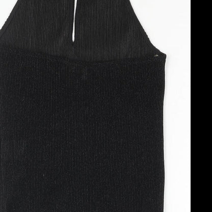 Glamorous Womens Black Polyester Basic Blouse Size M Halter - Glitter Plisse Keyhole Neck