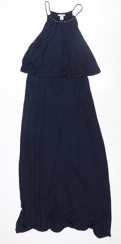 H&M Womens Blue Viscose Maxi Size M Round Neck Pullover - Beading Detail