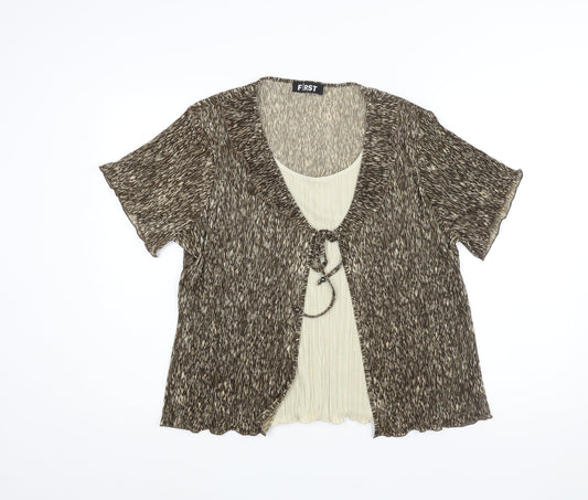 First Avenue Womens Brown Geometric Polyester Basic Blouse Size XL Scoop Neck - Layered Plisse Frill Bow