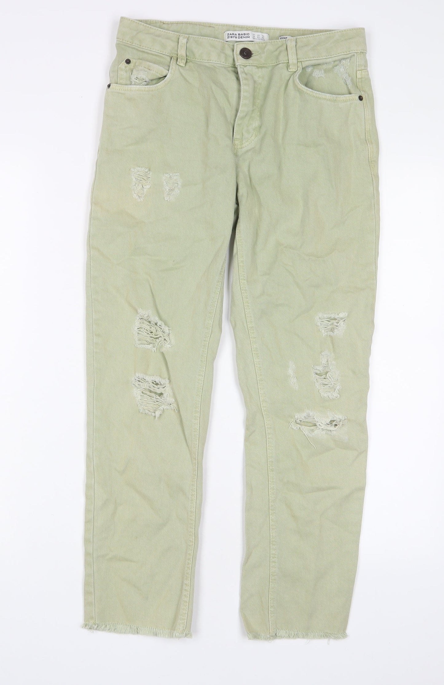 Zara Womens Green Cotton Straight Jeans Size S L25 in Regular Zip