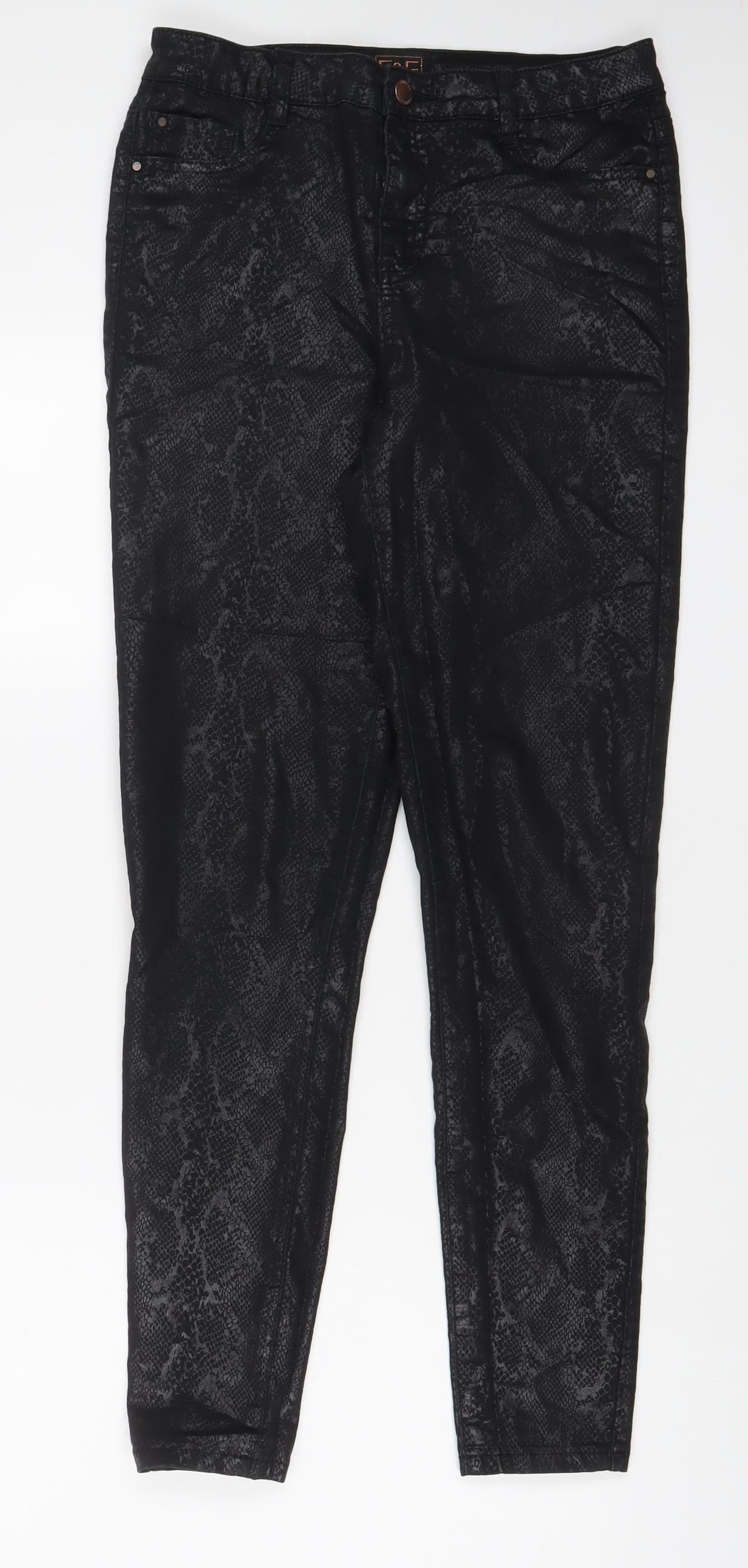 F&F Womens Black Animal Print Polyester Trousers Size 28 in L28 in Regular Zip