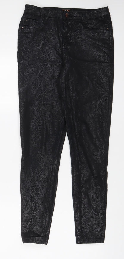 F&F Womens Black Animal Print Polyester Trousers Size 28 in L28 in Regular Zip