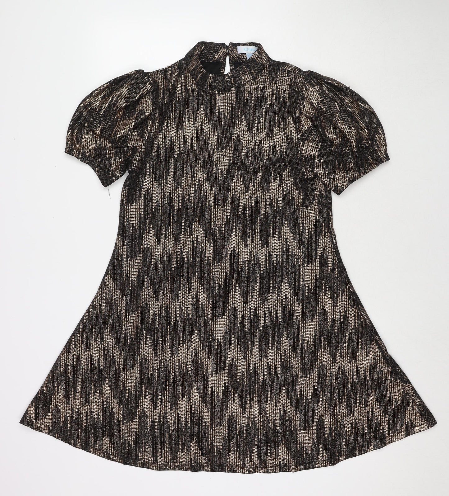 Blue Vanilla Womens Black Geometric Polyester A-Line Size 12 Mock Neck Button