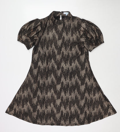 Blue Vanilla Womens Black Geometric Polyester A-Line Size 12 Mock Neck Button