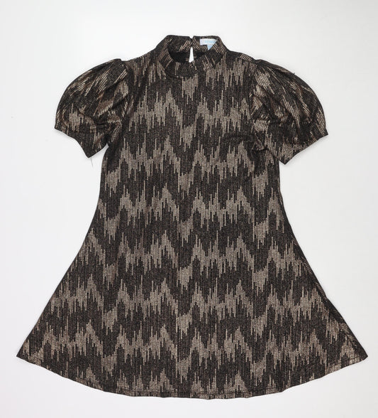 Blue Vanilla Womens Black Geometric Polyester A-Line Size 12 Mock Neck Button