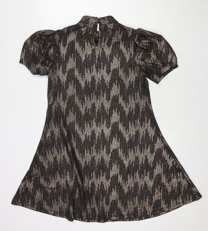 Blue Vanilla Womens Black Geometric Polyester A-Line Size 12 Mock Neck Button