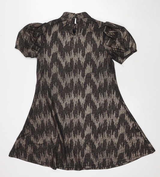 Blue Vanilla Womens Black Geometric Polyester A-Line Size 12 Mock Neck Button
