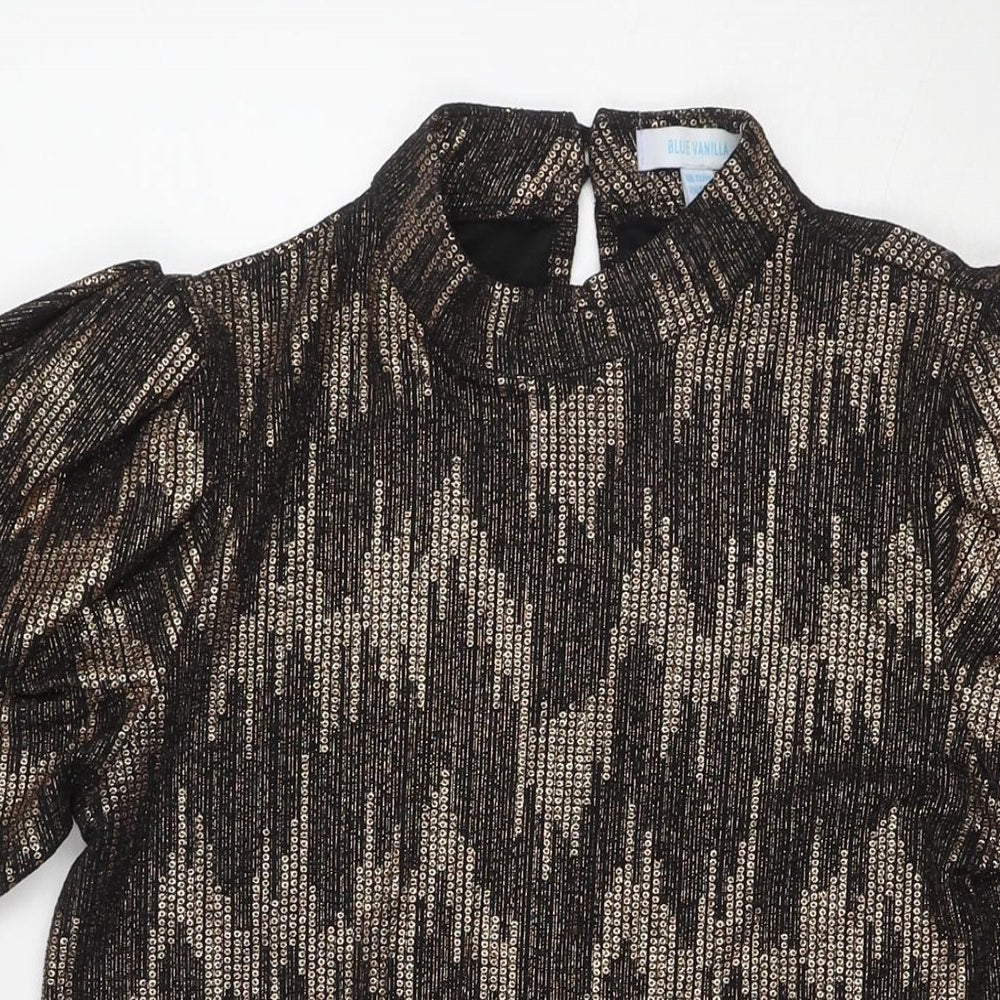 Blue Vanilla Womens Black Geometric Polyester A-Line Size 12 Mock Neck Button