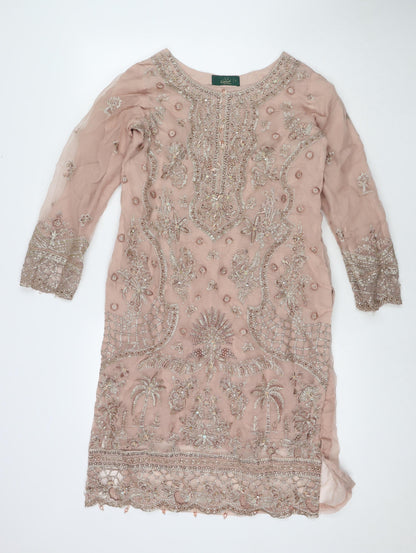 Husnara Womens Beige Polyester Tunic Blouse Size S Round Neck - Embellishment Jeweled Detail
