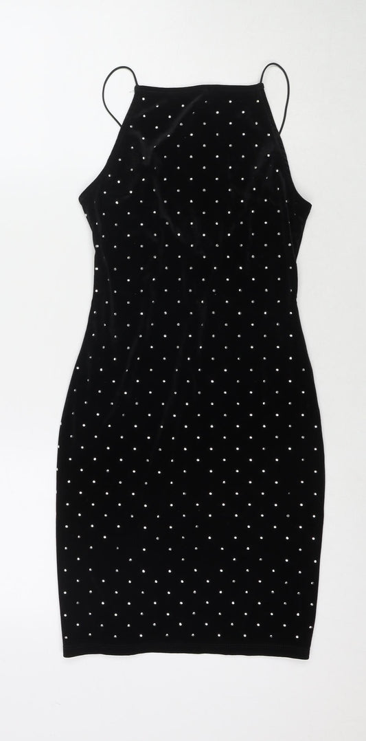 H&M Womens Black Polyester Bodycon Size XS Square Neck Pullover - Jeweled Detail