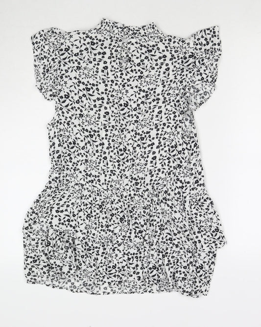 Dorothy Perkins Womens White Floral Viscose Basic Blouse Size 14 Round Neck