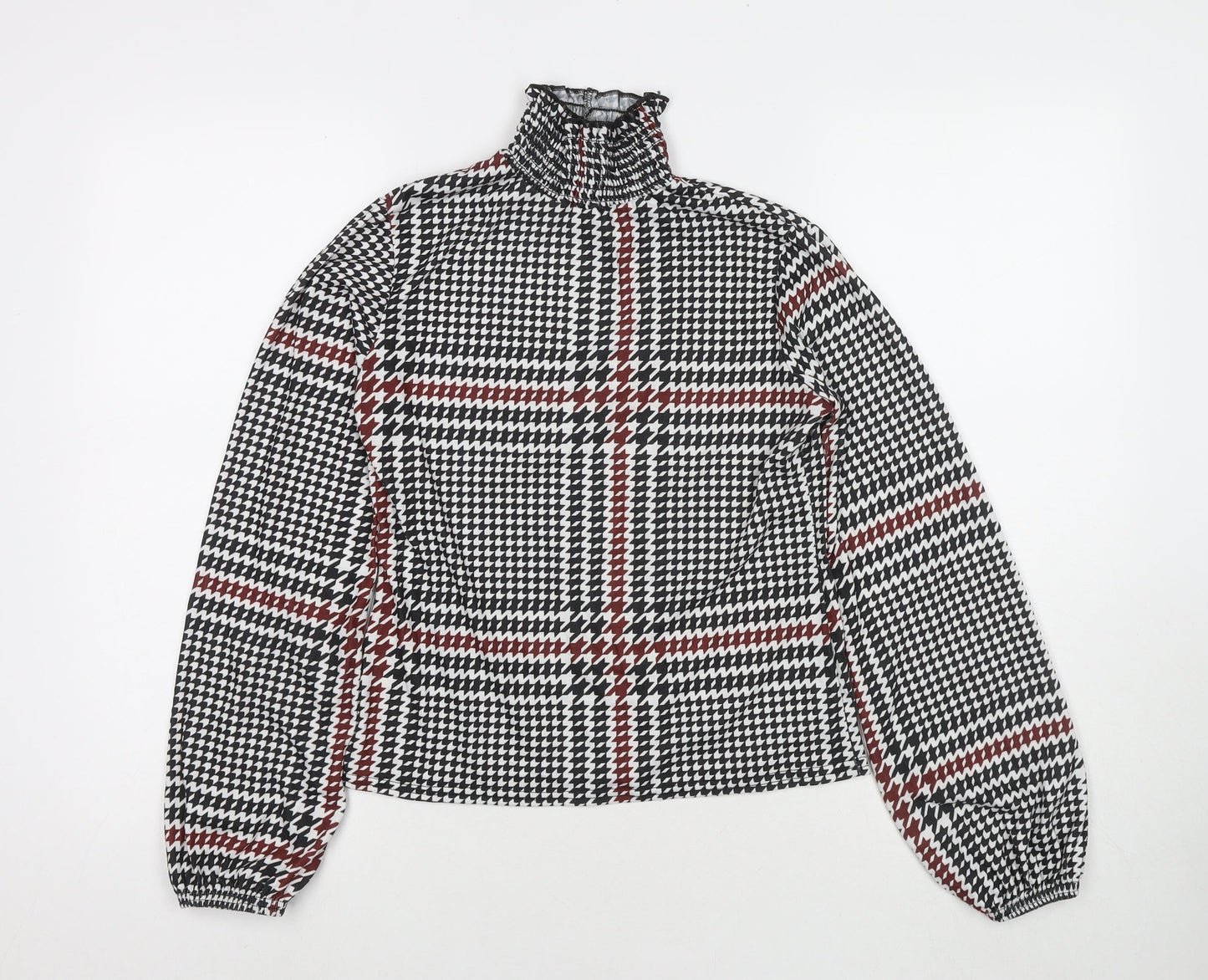 Boohoo Womens Black Herringbone Polyester Basic Blouse Size 8 Mock Neck