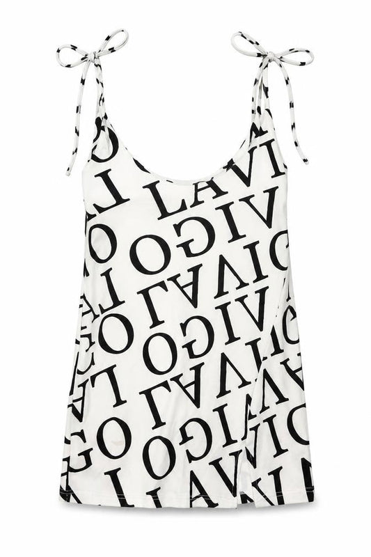 Front view of I SAW IT FIRST women’s white geometric polyester mini, size M, round neck pullover - letters