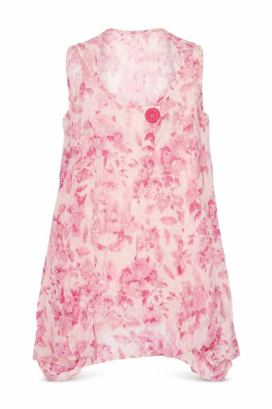 Front view of Izabel women’s pink floral viscose tunic tank, size S, round neck