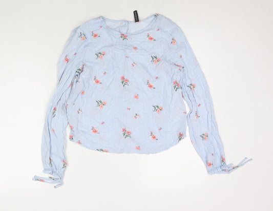 Divided by H&M Womens Blue Striped Viscose Basic Button-Up Size 8 Round Neck - Flowers