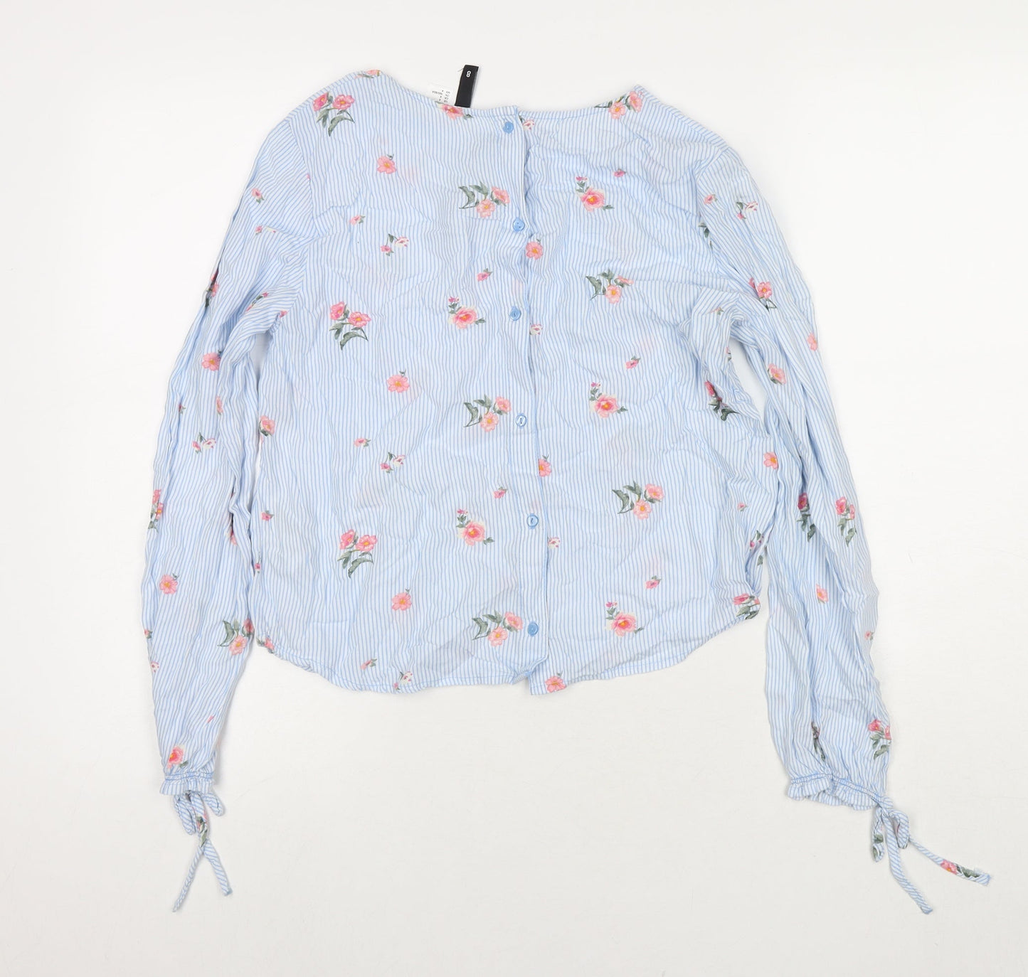 Divided by H&M Womens Blue Striped Viscose Basic Button-Up Size 8 Round Neck - Flowers