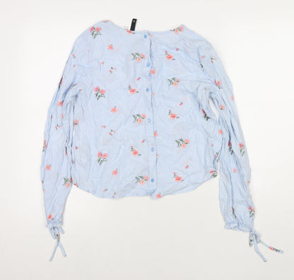 Divided by H&M Womens Blue Striped Viscose Basic Button-Up Size 8 Round Neck - Flowers