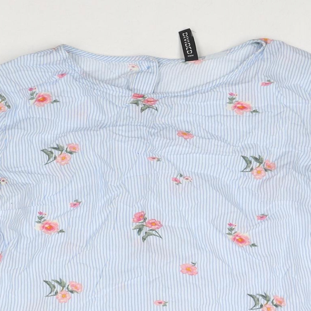 Divided by H&M Womens Blue Striped Viscose Basic Button-Up Size 8 Round Neck - Flowers