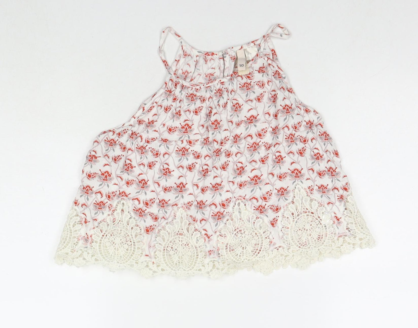 Divided by H&M Womens White Floral Viscose Basic Tank Size 10 Round Neck