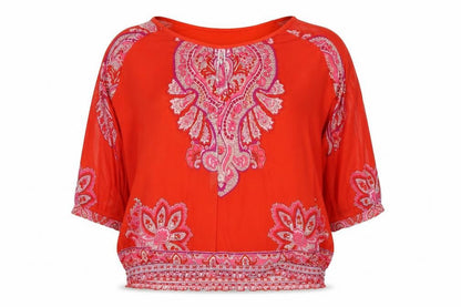 FYLO Womens Red Geometric Polyester Basic Blouse Size XL Round Neck - Embellishment Detail