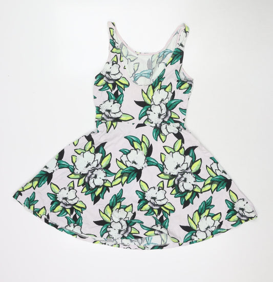 Divided by H&M Womens White Floral Cotton Fit & Flare Size 10 Round Neck Pullover