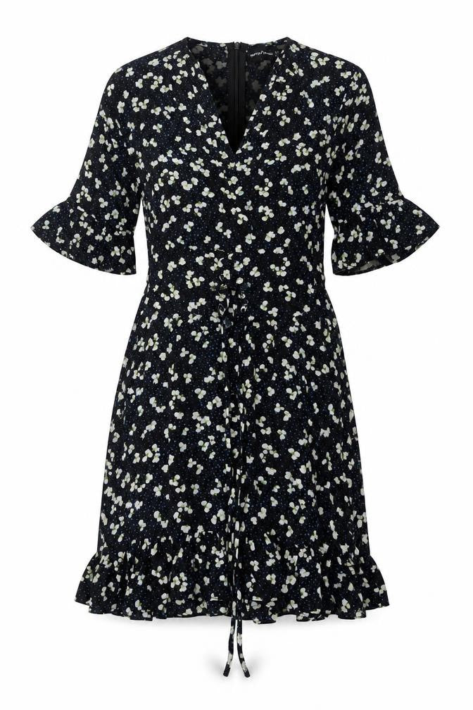PRETTYLITTLETHING Womens Black Floral Polyester Fit & Flare Size 8 V-Neck Zip